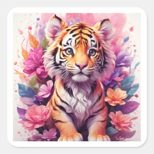 Pink Floral Tiger Square Sticker