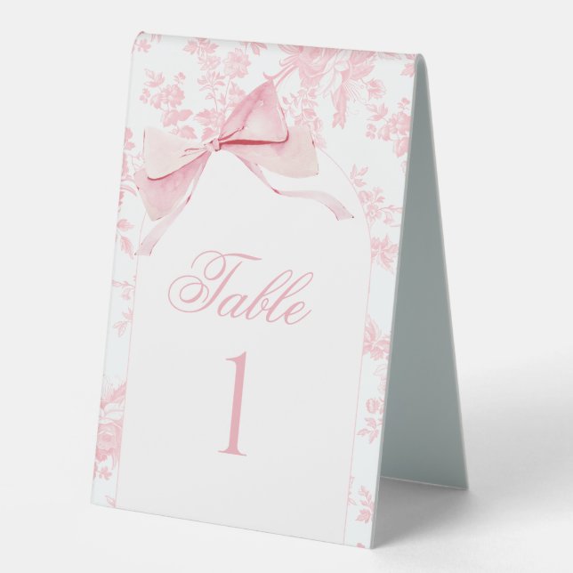 Pink Floral Toile Bow Baby Shower Table Numbers (Front)