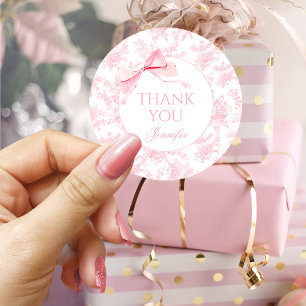 Pink  Floral Toile Bow Ribbon Baby Girl Shower  Classic Round Sticker