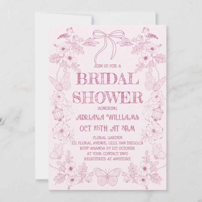 Pink Floral Toile French Bridal Shower Invitation (Front)