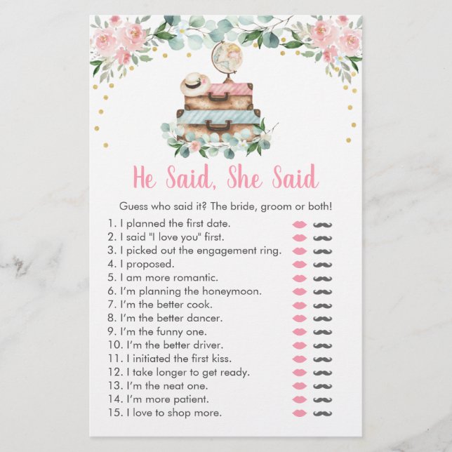 Pink Floral Travel He Said She Said Bridal Game (Front)
