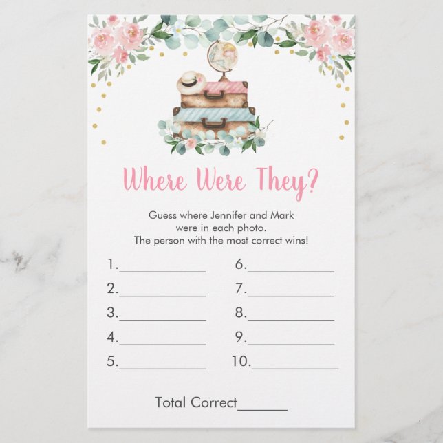 Pink Floral Travel Where Were They Bridal Game (Front)