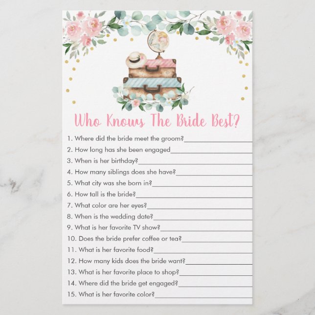 Pink Floral Travel Who Knows The Bride Best Game (Front)