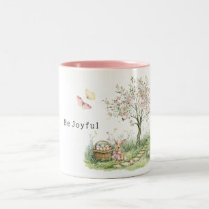 Pink Floral Tree Bunny Easter Eggs Joy Two-Tone Coffee Mug
