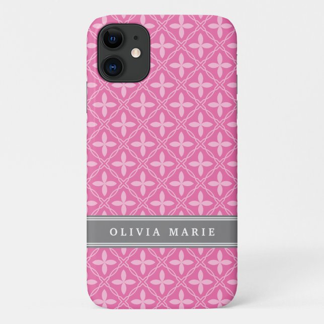 Pink Floral Trellis Pattern Grey Name Case-Mate iPhone Case (Back)