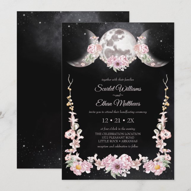 Pink Floral Triple Moon Goddess Magic Handfasting Invitation (Front/Back)