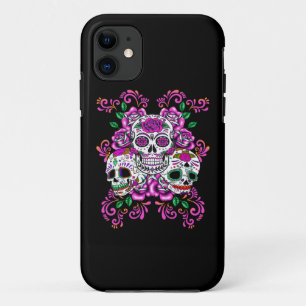 Pink Floral Triple Sugar Skull Day Of The Dead iPhone 11 Case