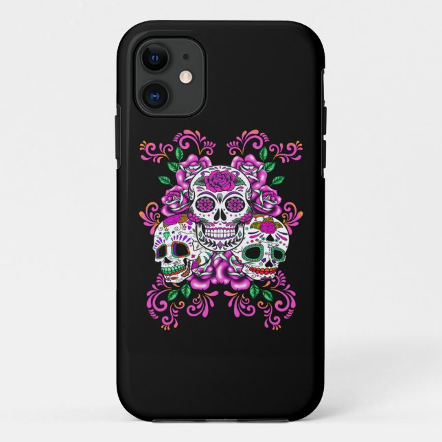 Pink Floral Triple Sugar Skull Day Of The Dead Case-Mate iPhone Case (Back)