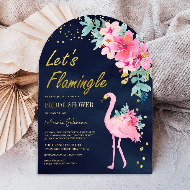 Pink Floral Tropical Flamingo Navy Bridal Shower Invitation (Creator Uploaded)