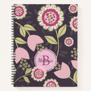 Pink Floral Tulip Pattern Monogram Notebook