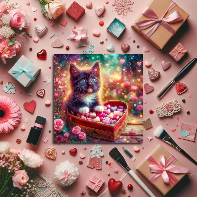 Pink Floral Tuxedo Kitten Heart Fantasy Valentine  Holiday Card (Creator Uploaded)