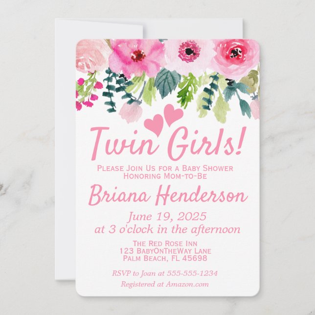 Pink Floral Twin Girls Baby Shower Invitation (Front)