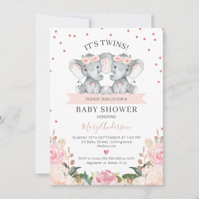 Pink Floral Twin Girls Elephants Baby Shower Invitation (Front)