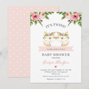 Pink Floral Twin Girls Fox Baby Shower Invitation
