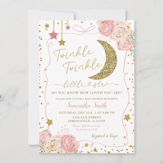 Pink Floral Twinkle Twinkle Handdrawn Baby Shower Invitation (Front)
