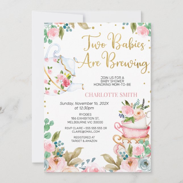Pink Floral Twins Baby is Brewing Baby Shower  Invitation (Front)