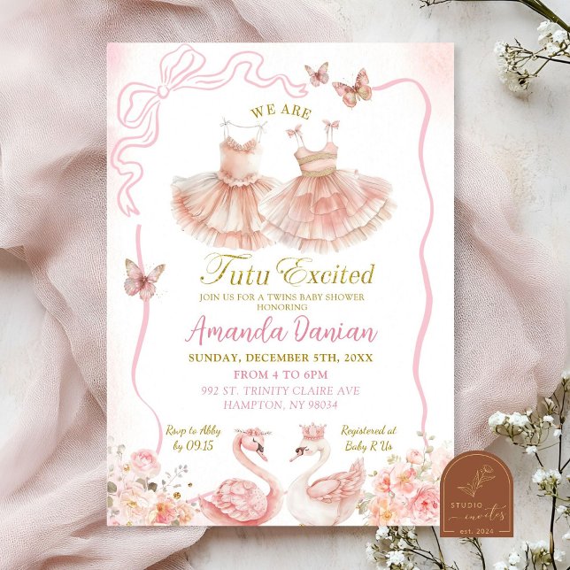 Pink Floral Twins Ballerina Tutu Baby Girl Invitation (Creator Uploaded)