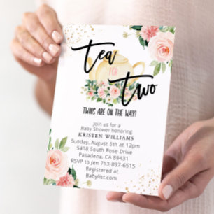 Pink Floral Twins Tea For Two Baby Shower Invitation