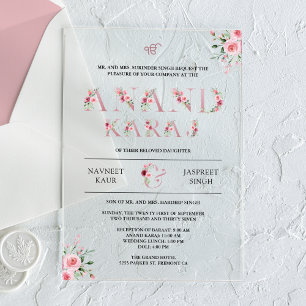 Pink Floral Typography Anand Karaj Sikh Wedding Acrylic Invitations