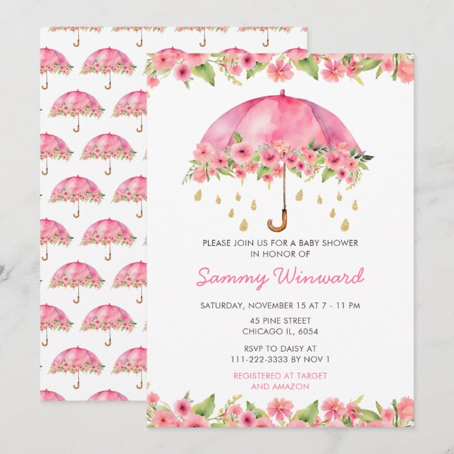 Pink Floral Umbrella Baby Shower Invitation (Front/Back)