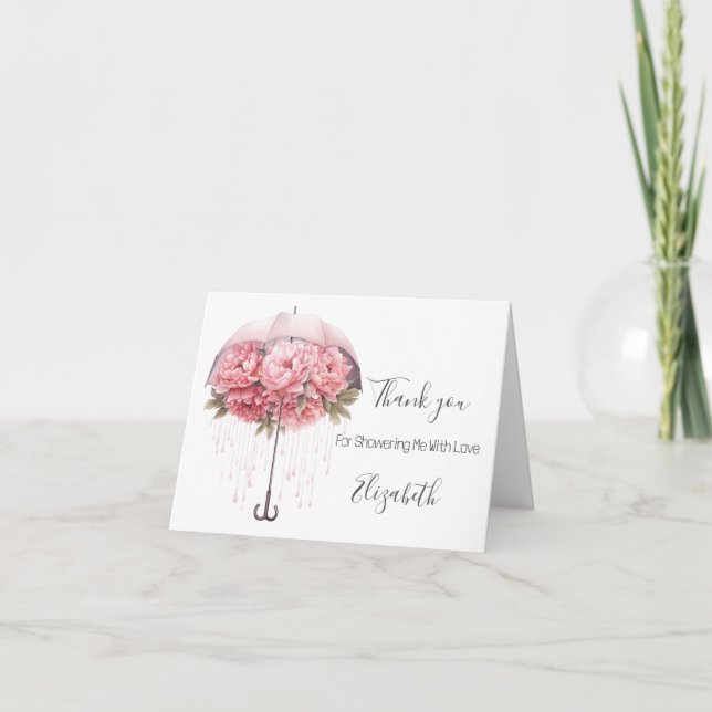 Pink Floral Umbrella Bridal Shower Baby Shower  Thank You Card (Front)