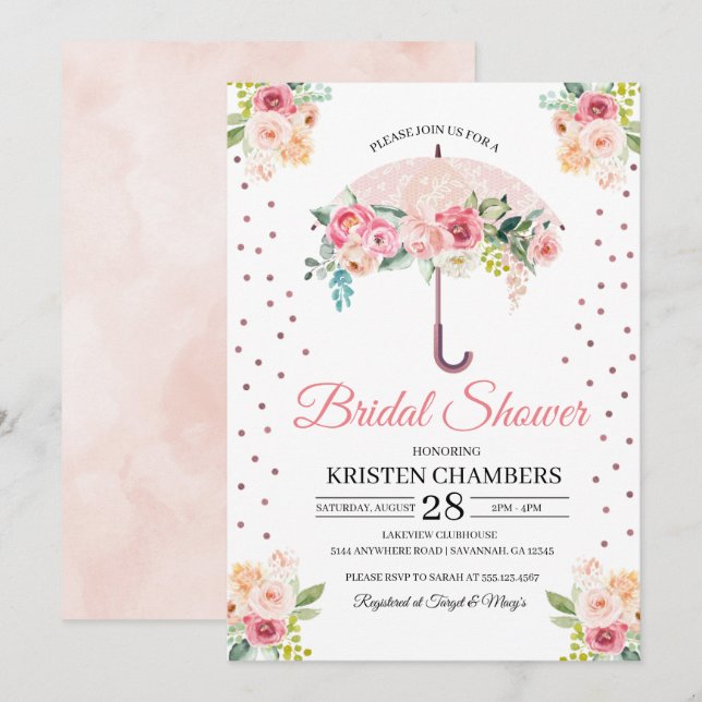 Pink Floral Umbrella Bridal Shower Invitation (Front/Back)