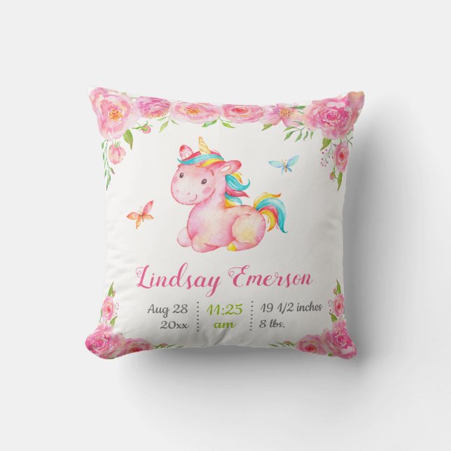 Pink Floral Unicorn Baby Girl Gift Nursery Decor Cushion (Front)