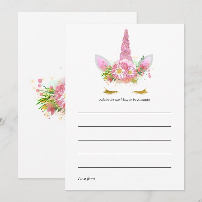 Pink Floral Unicorn Baby Shower Advice Card (Front/Back)