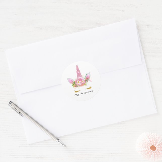 Pink Floral Unicorn Baby Shower Classic Round Sticker (Envelope)