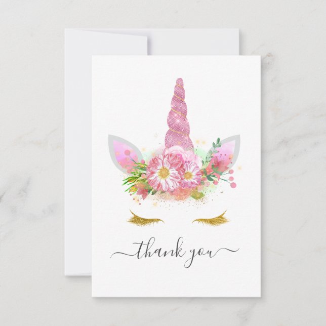 Pink Floral Unicorn Baby Shower Thank You Card (Front)