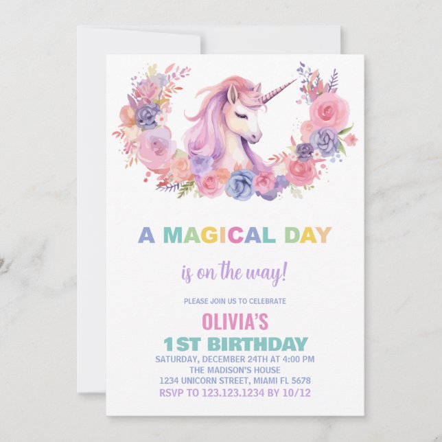 Pink Floral Unicorn Birthday Invitations (Front)