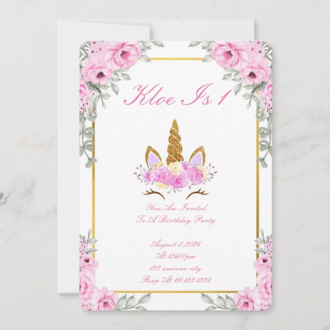 PINK FLORAL UNICORN BIRTHDAY PARTY INVITATION (Front)