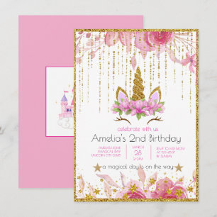 Pink Floral Unicorn Birthday Party Invitation