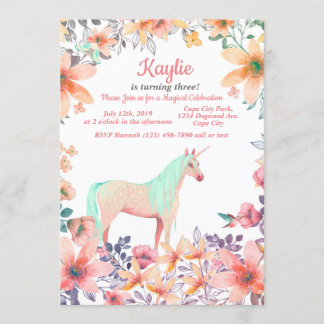 Pink Floral Unicorn Birthday Party Invite