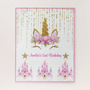 Pink Floral Unicorn Birthday Party Jigsaw Puzzle