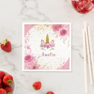 Pink Floral  Unicorn Birthday Party Napkin