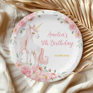 Pink Floral Unicorn Birthday Party Paper Plate