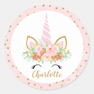 Pink Floral Unicorn Face Birthday Favor Sticker