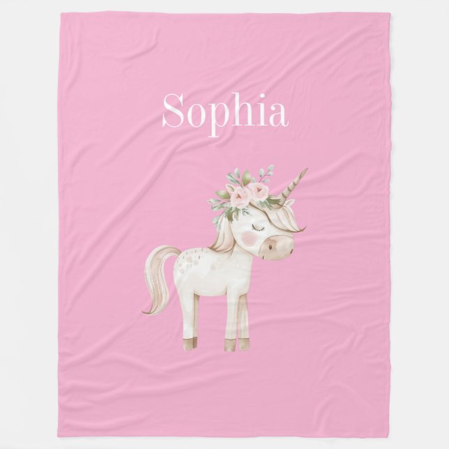 Pink Floral Unicorn Fleece Blanket (Front)