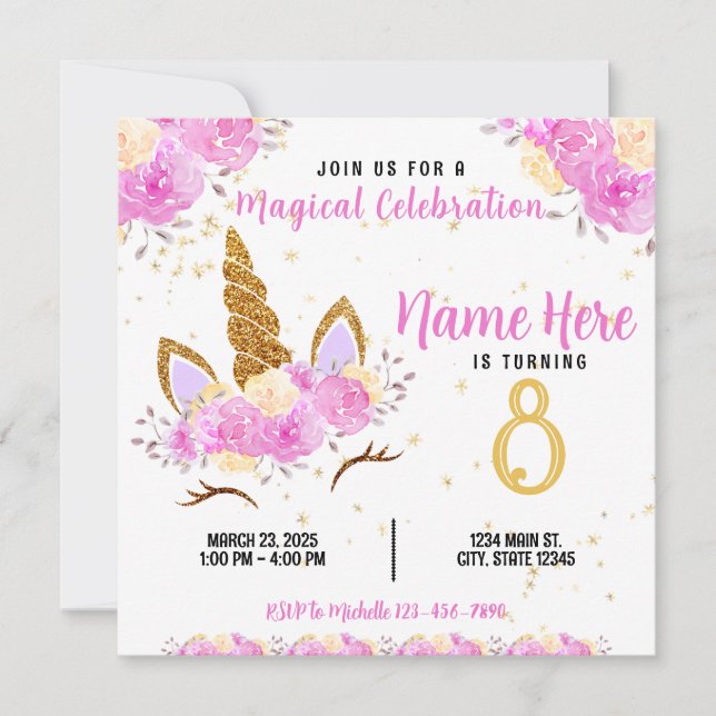 Pink Floral Unicorn Gold Glitter Birthday Invitation (Front)