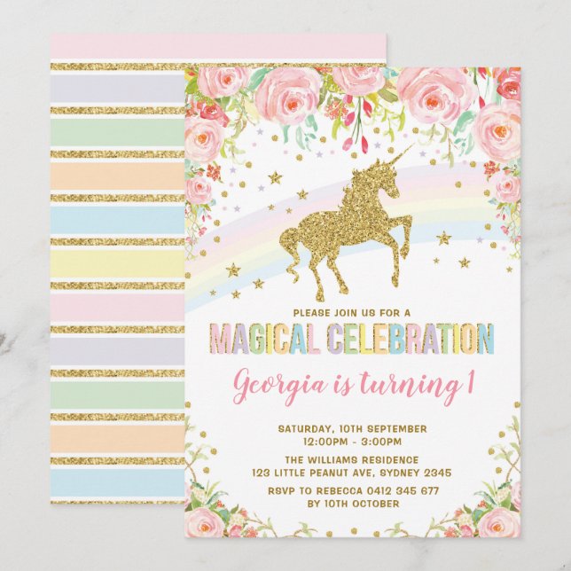 Pink Floral Unicorn Magical Birthday Rainbow Party Invitation (Front/Back)