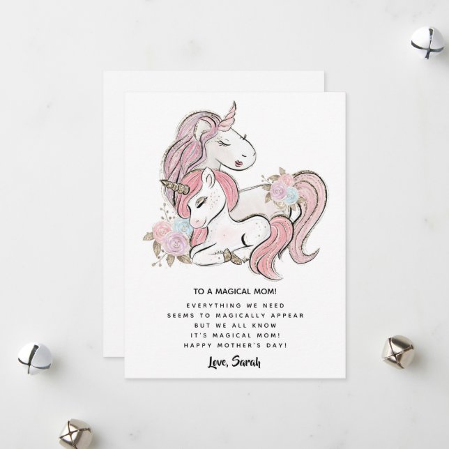 Pink Floral Unicorn  Mothers Day Card (Front/Back In Situ)