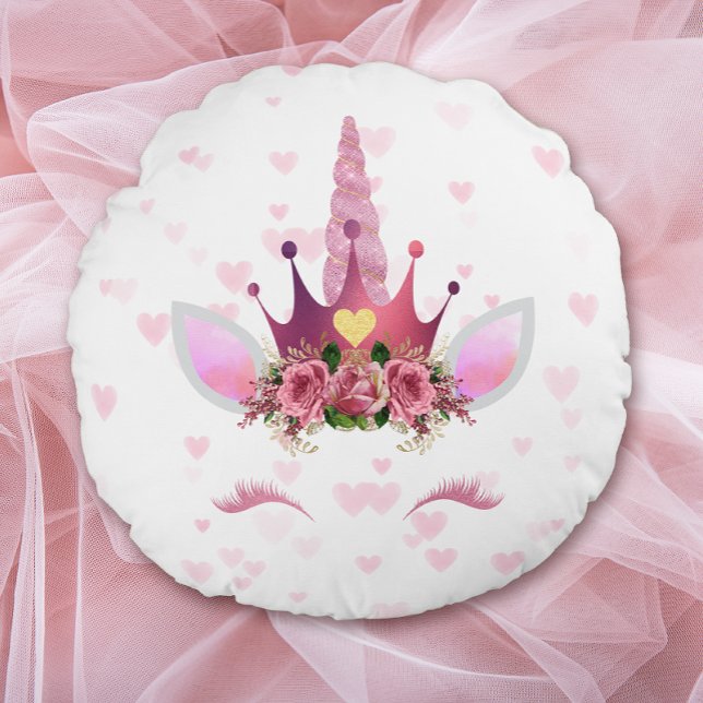 Pink Floral Unicorn on Hearts Valentine Round Cushion (Creator Uploaded)