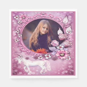 Pink Floral Unicorn Photo Birthday Napkin