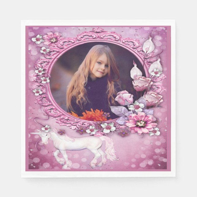 Pink Floral Unicorn Photo Birthday Napkin (Front)