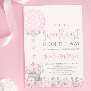 Pink Floral Valentine Balloon Girl Baby Shower Invitation