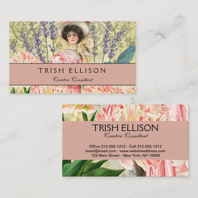 Pink Floral Victorian Woman Regency Business Card (Front/Back)