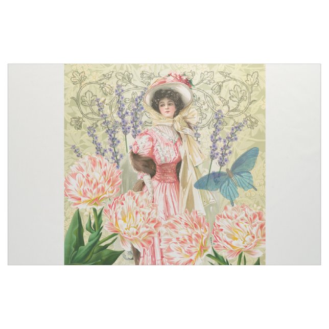 Pink Floral Victorian Woman Regency Fabric (Yard)