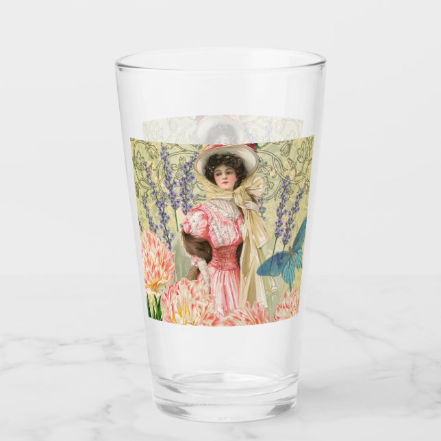 Pink Floral Victorian Woman Regency Glass (Front)
