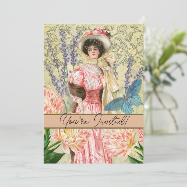 Pink Floral Victorian Woman Regency Invitation (Standing Front)
